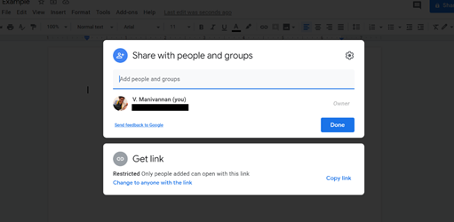 "Share with people and groups" screen on Google Docs.
