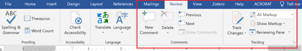Review pane and Track Changes menu.
